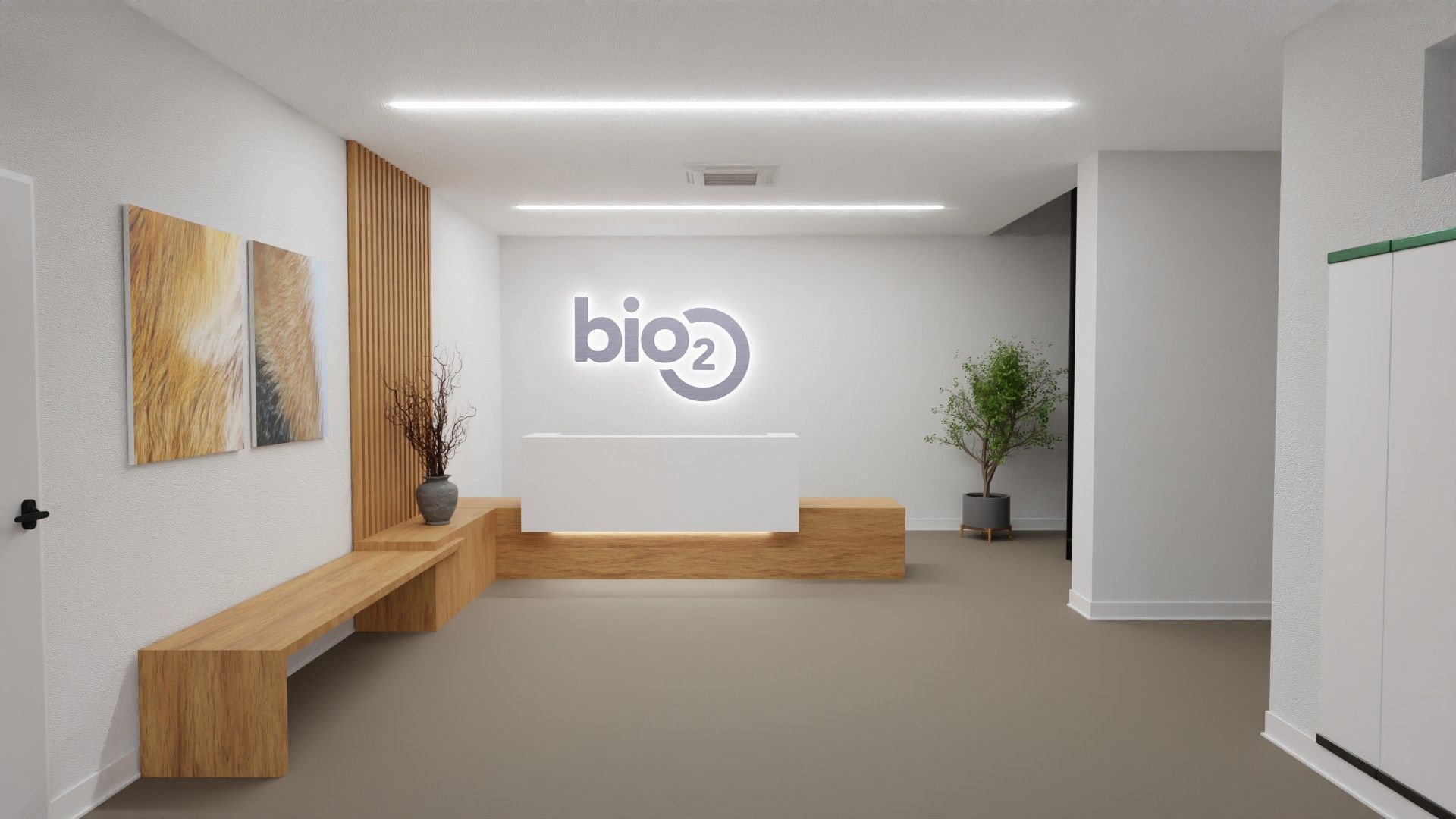 Receção dos escritórios bio2, com balcão branco, logótipo retroiluminado na parede, painel de ripas de madeira e banco corrido de madeira.