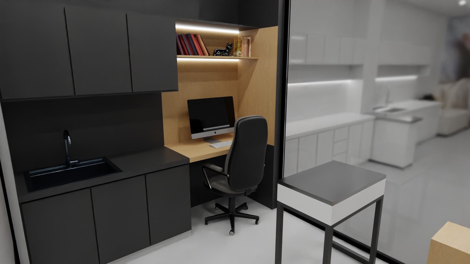 Consultório com bancada e armários cinza escuro, lavatório preto, secretária de madeira com computador, cadeira de escritório e mesa de tratamentos em inox.