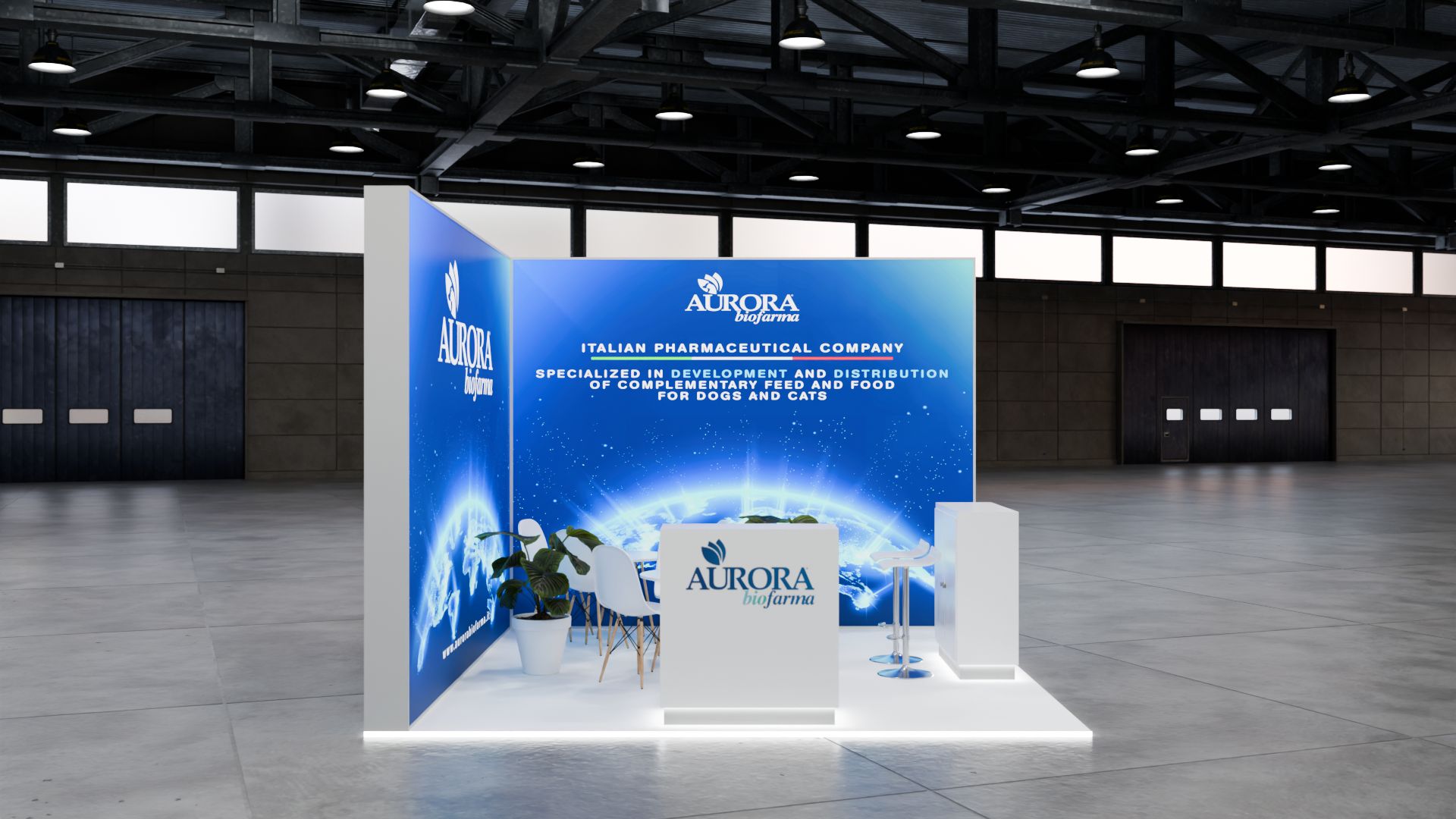 Stand Aurora biofarma em três-quartos, com caixa de luz azul, zona de reunião e balcão branco com o logótipo.