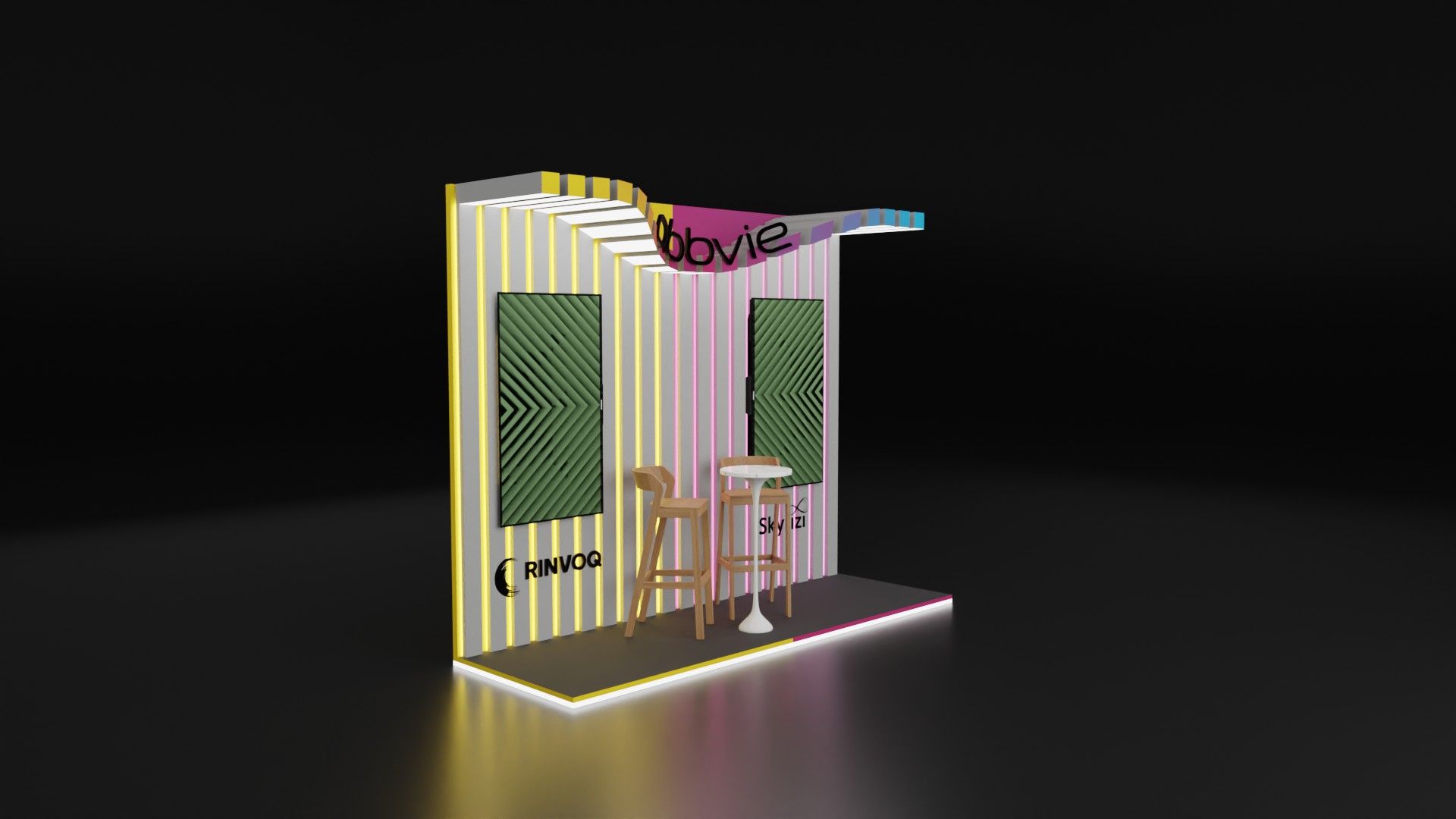 Stand em perspetiva lateral, com o topo curvo e o logótipo, paredes de ripas com leds em amarelo e rosa e os dois ecrãs a verde.