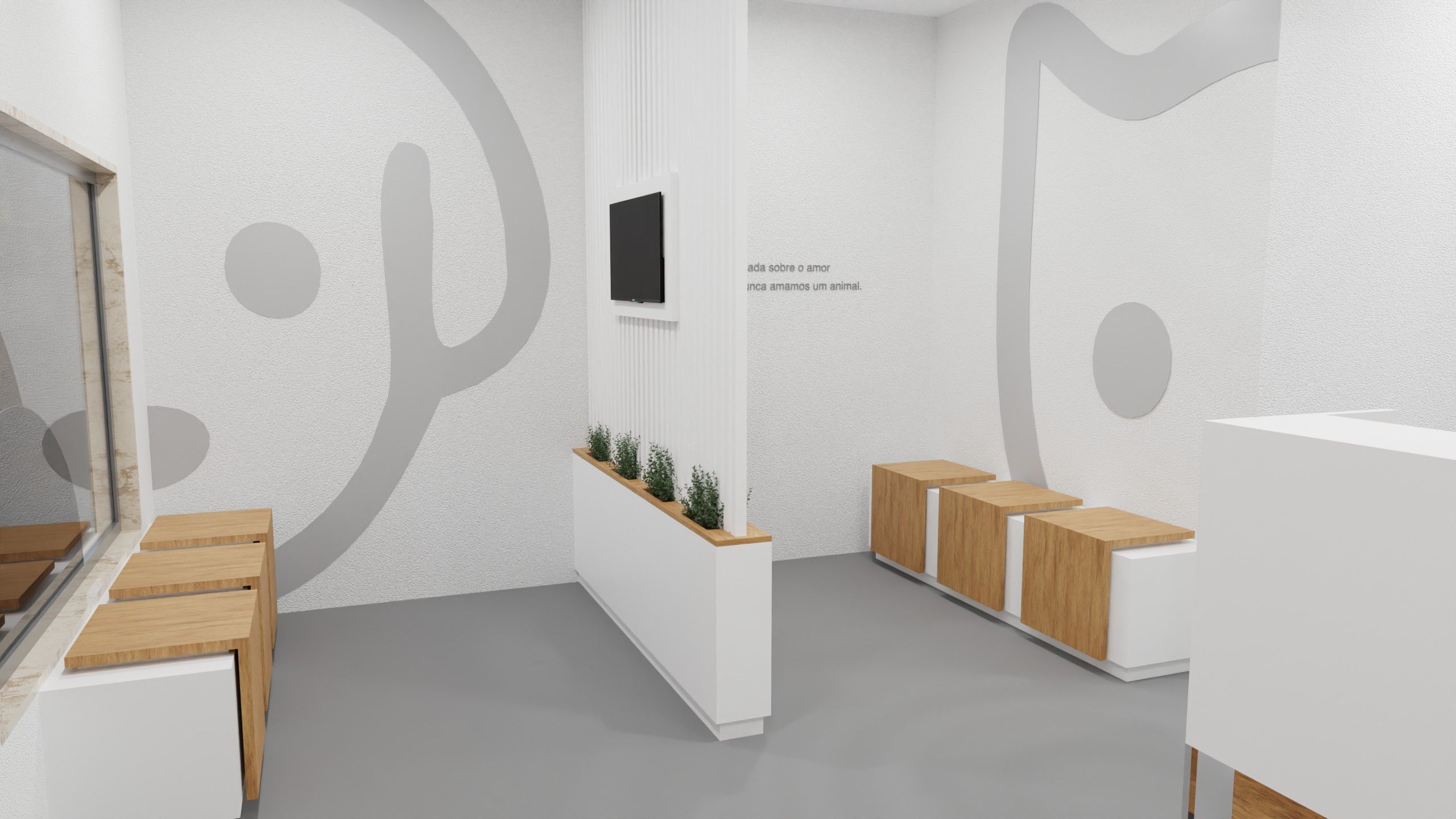 Sala de espera da MVET, com bancos de madeira e branco, silhuetas de cão e gato aplicadas nas paredes em cinzento, floreira interior com plantas e uma frase sobre o amor pelos animais na parede.