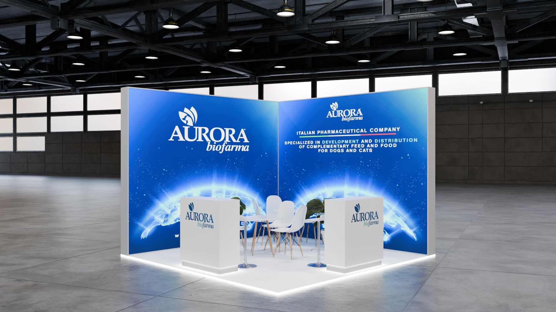 Stand Aurora biofarma visto do canto, com as duas caixas de luz azuis em ângulo e balcões brancos ao centro.