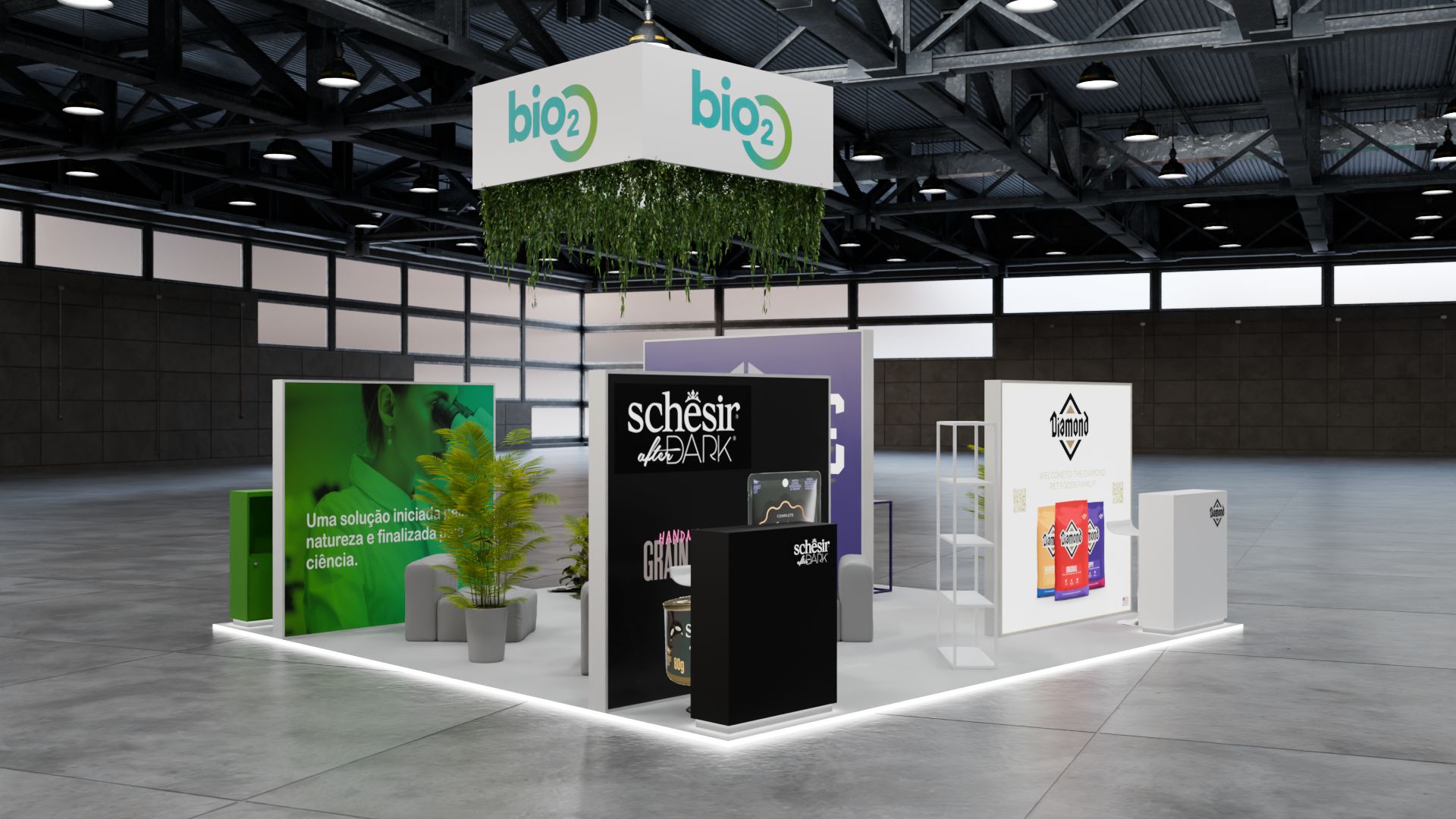 Stand bio2 de três-quartos, com caixas de luz de marca, produtos expostos e vegetação suspensa sob a peça bio2.