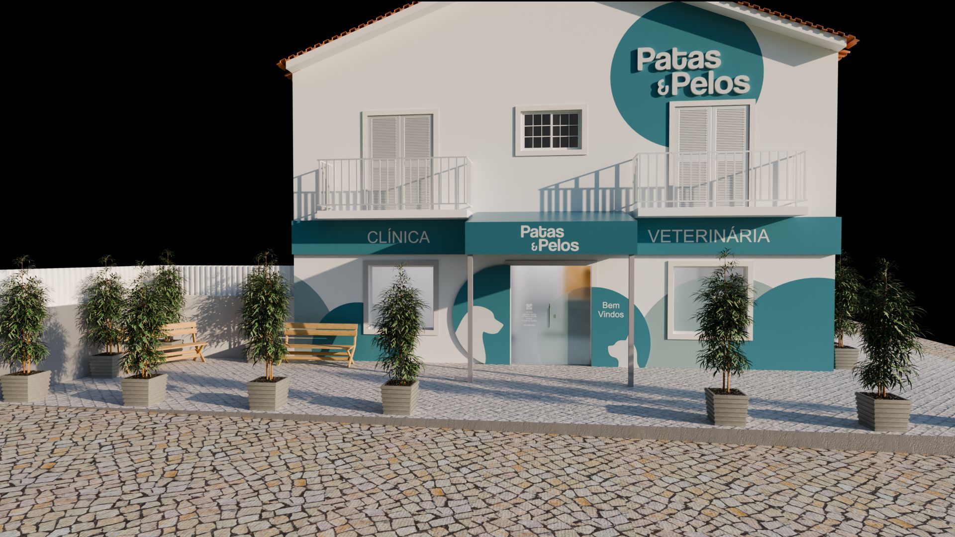 Fachada da clínica veterinária Patas & Pelos, de frente, com faixa turquesa, logótipo sobre a entrada, silhueta de cão na montra e árvores em vasos na calçada.