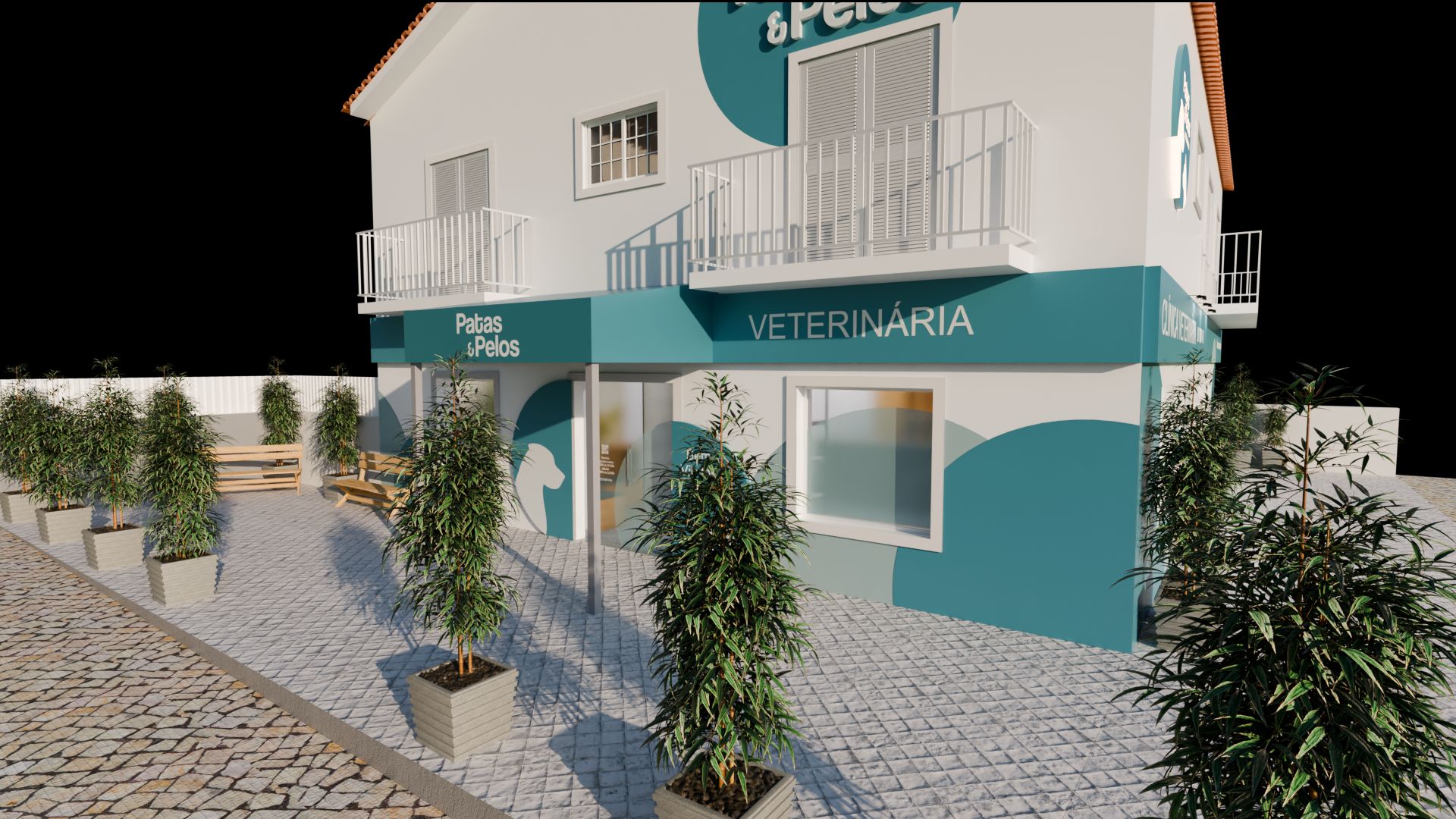 Fachada da Patas & Pelos vista da esquina, com a faixa turquesa a dobrar o ângulo e as varandas do piso superior.