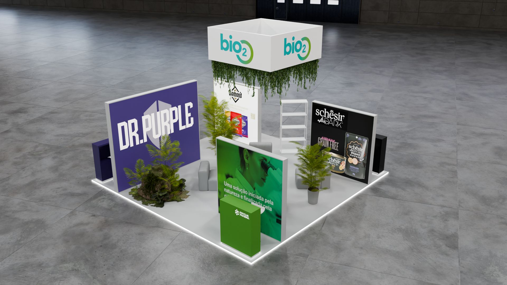 Stand bio2 visto de cima em ângulo, com a caixa de luz roxa DR.PURPLE, caixas de luz de marcas e zona de estar com plantas.