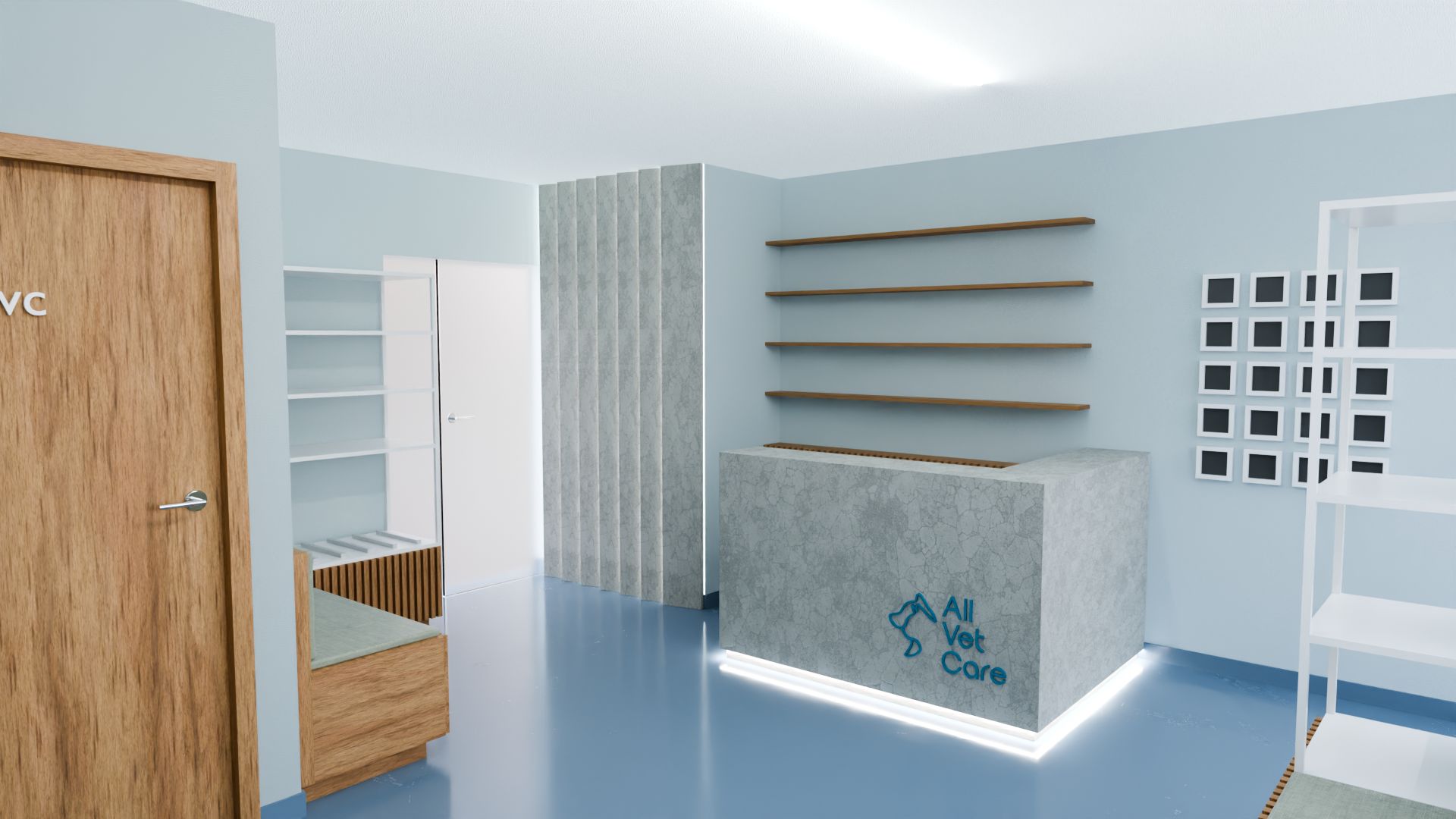 Balcão de receção da All Vet Care em pedra clara com o logótipo azul e iluminação LED na base, prateleiras de madeira suspensas na parede e um painel decorativo de quadrados pretos e brancos.