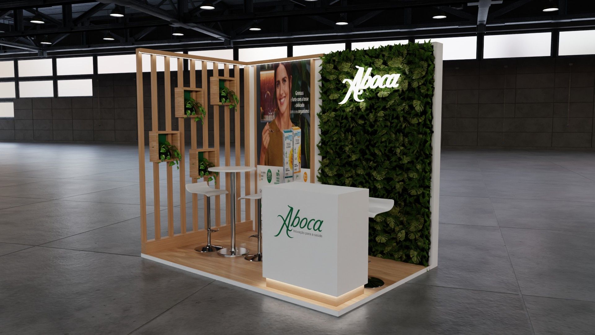 Stand Aboca de três-quartos, com ripado de madeira e nichos com plantas à esquerda, jardim vertical à direita e balcão ao centro.