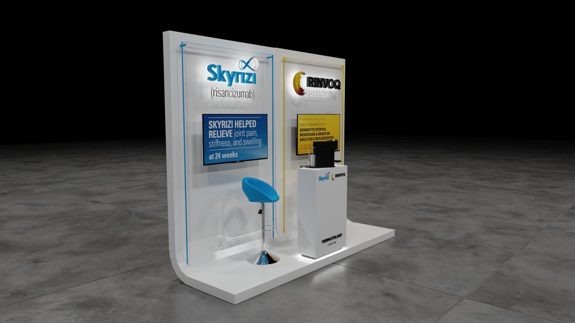 Stand em perspetiva lateral, com painel iluminado, ecrã, balcão de marca e um banco azul.