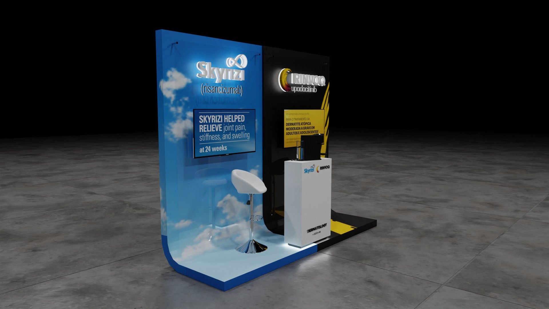 Stand com fundo azul de céu de um lado e fundo preto e amarelo do outro, balcão central e banco branco.
